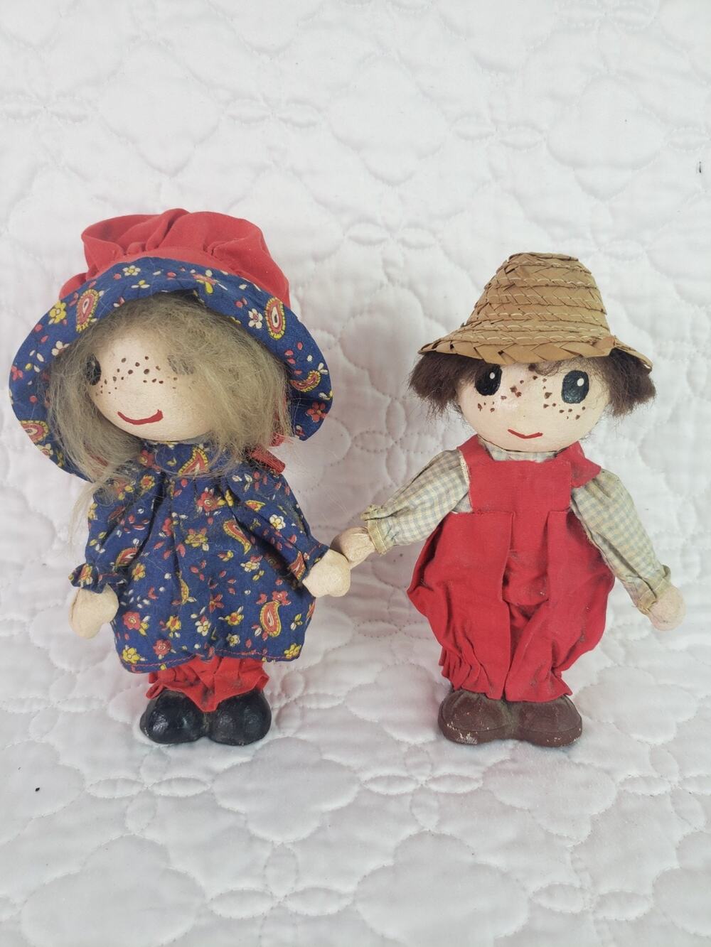 Vintage Pair Paper Mache Cloth Folk Art Dolls Handcrafted Country Rustic Décor
